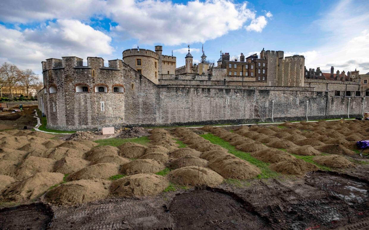 The moat at the Tower of London is being excavated ahead of the Superbloom project to mark the Platinum Jubilee - Paul Grover/The Telegraph