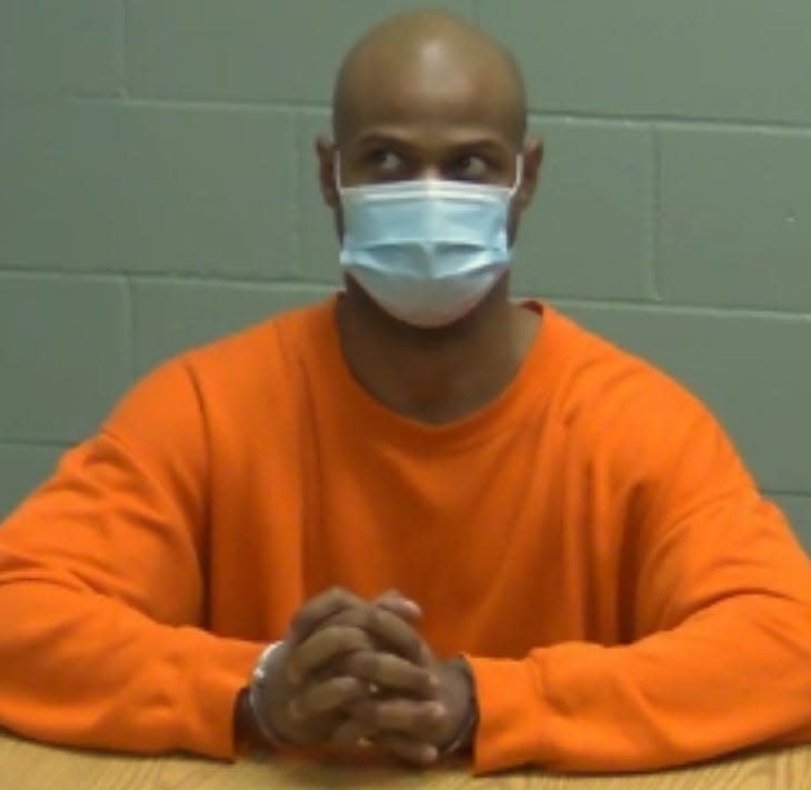 Jeffrey Buchannan sits at the York County Jail for a court appearance Tuesday, March 30, 2021, via videoconference. He faces a murder charge for allegedly killing Rhonda Pattelena, 35, the mother of his son.