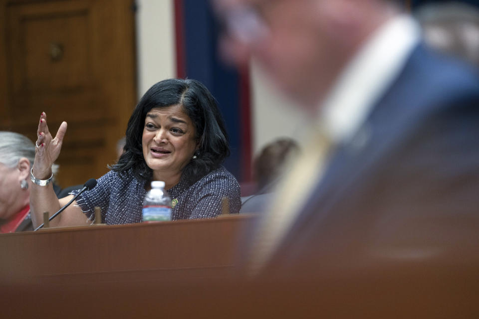 Rep. Pramila Jayapal, D-Wash., speaks during a hearing of the House Committee on Education on Capitol Hill, Tuesday, Dec. 5, 2023 in Washington. (AP Photo/Mark Schiefelbein)