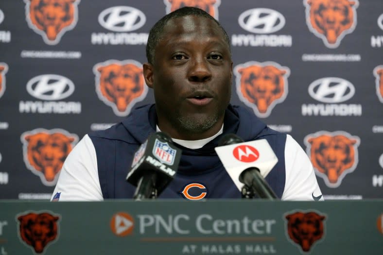 Chicago Bears defensive coordinator Alan Williams speaks at a news conference during the NFL football team’s rookie minicamp at Halas Hall in Lake Forest, Ill., Friday, May 5, 2023. (AP Photo/Nam Y. Huh)