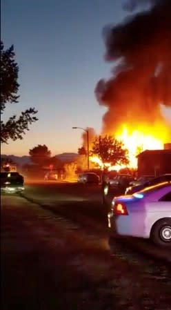 Fire is seen at a mobile home park in Ridgecrest, California, U.S. after an earthquake hit, in this still frame taken from social media video dated July 5, 2019