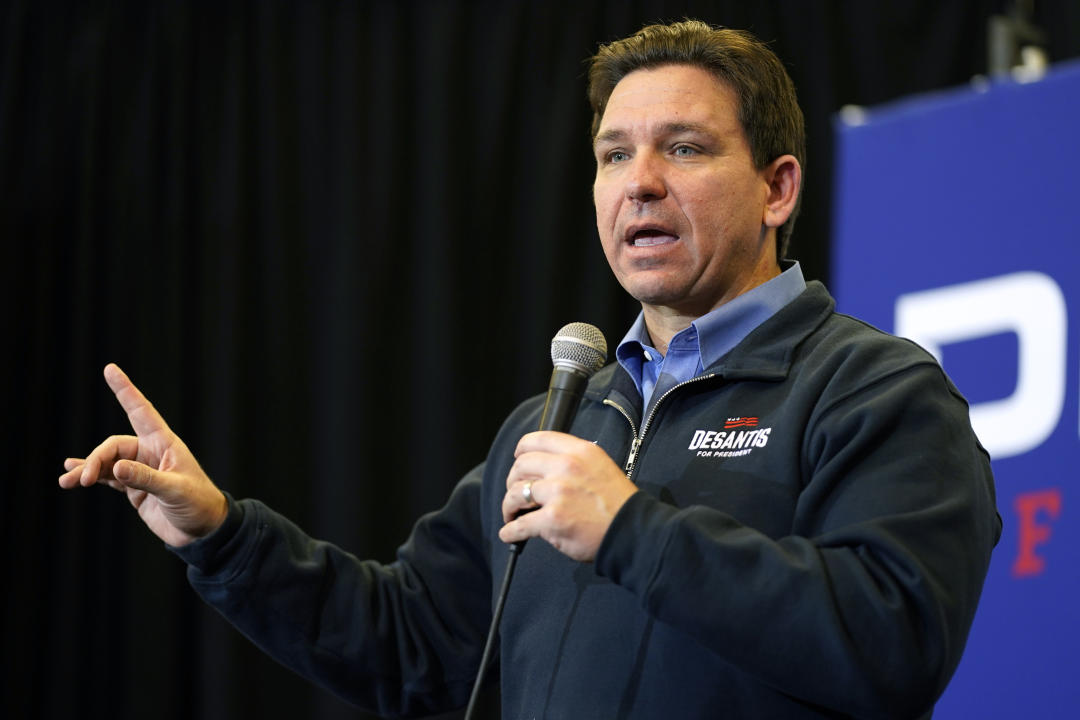 DeSantis speaks during a campaign stop in Waukee, Iowa, Wednesday. (Charlie Neibergall/AP)