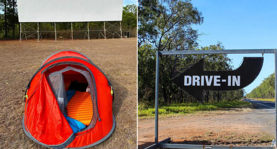 Left: A tent in front of the movie screen at Mareeba. Right: The sign at Mareeba saying 