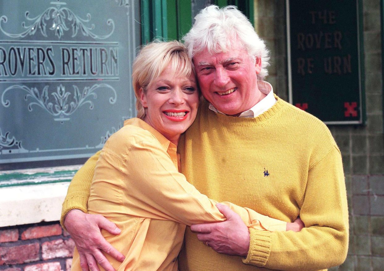It was a family affair on Coronation Street today (Thursday), as it was revealed the real life father of actress Denise Welch (left) has been signed up to play her on-screen father-in-law.  Vin Welch (right) has been brought in as Bob Barnes whose son Des will be seen marrying Natalie Horrocks on TV tomorrow night.   The 62-year-old Geordie took up acting recently after 40 years as a sweet manufacturer and only told the soap's bosses who he was,  after successfully auditioning for the role.   (Photo by Bob Collier - PA Images/PA Images via Getty Images)