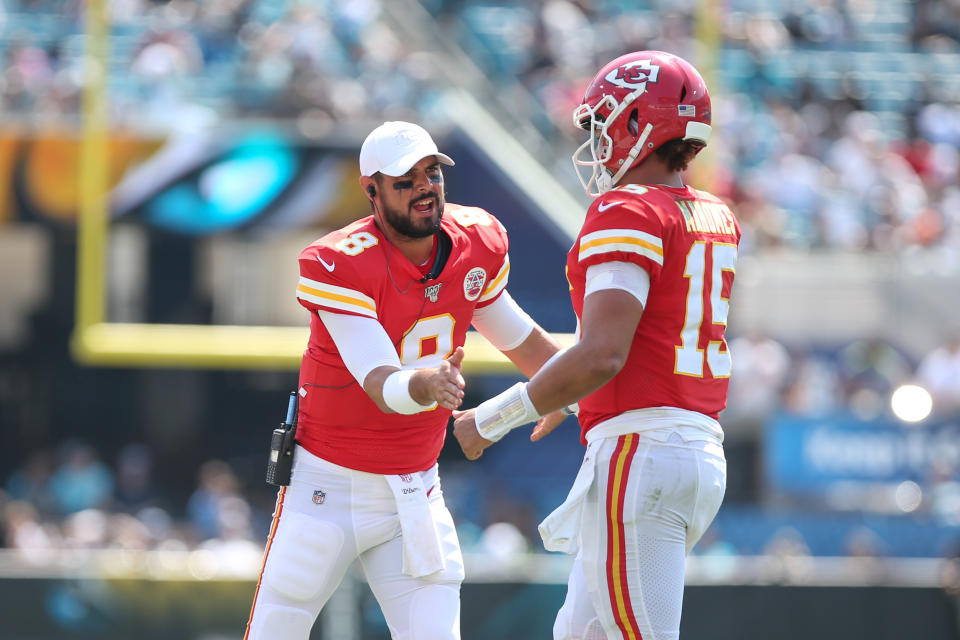 Matt Moore (left) will return to back up Patrick Mahomes in Kansas City this season. (Photo by David Rosenblum/Icon Sportswire via Getty Images)