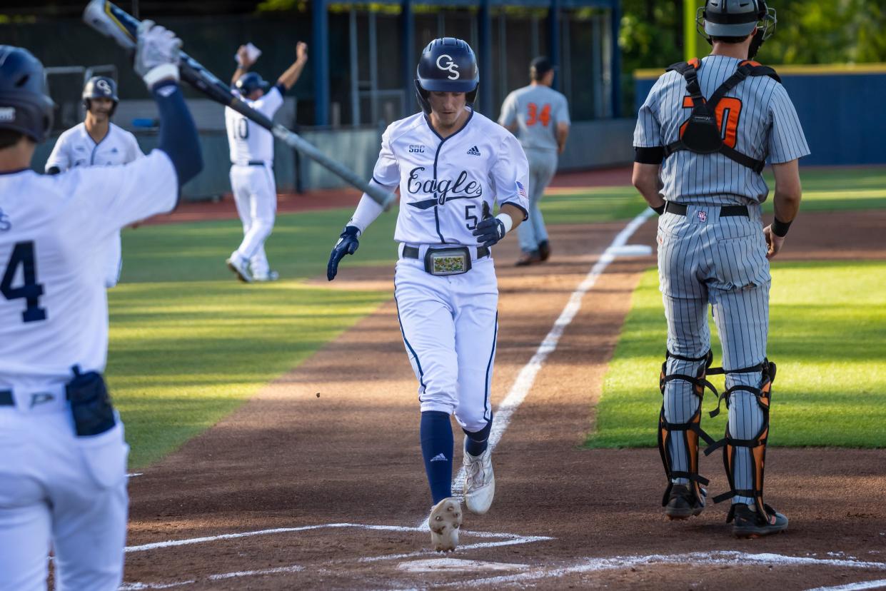 Georgia Southern second baseman Jesse Sherrill scores a run against Mercer on May 17, 2022 on Jack Stallings Field at J.I. Clements Stadium in Statesboro. Sherrill was 4-for-5 and scored three runs in a 21-7 victory over the Bears.