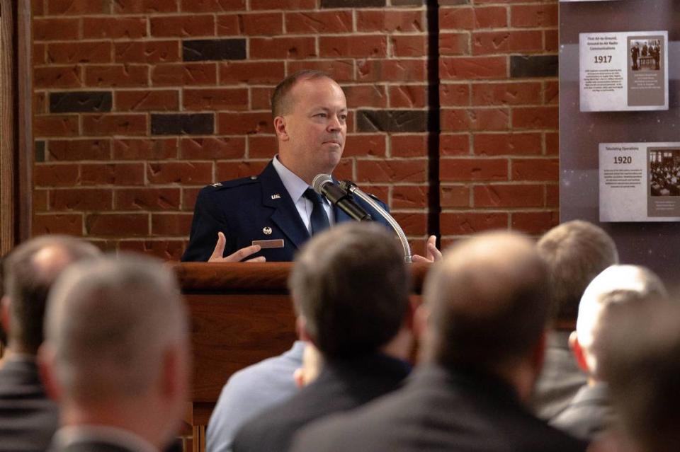 U.S. Air Force Col. Kevin Kirsch, HQ Cyberspace Capabilities Center commander, shares words of gratitude towards contributions to innovation at a timeline induction ceremony, at HQ CCC on Scott Air Force Base. The tile induction ceremony honored the 67th Cyberspace Wing and 688th Cyberspace Wing’s contributions towards Air Force cyberspace and communication capabilities.