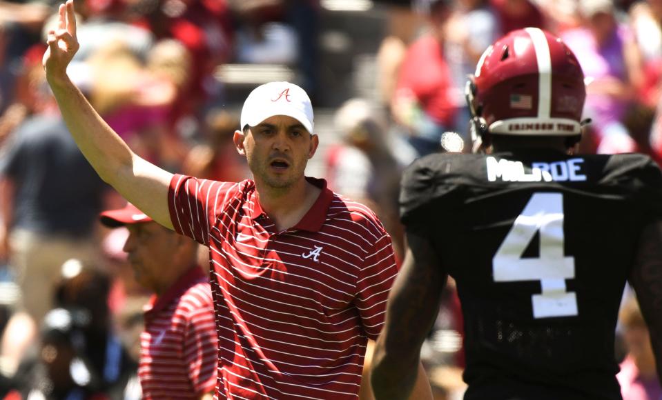 Alabama offensive coordinator Tommy Rees yells instructions during the A-Day game April 22, 2023, in Tuscaloosa, Ala.