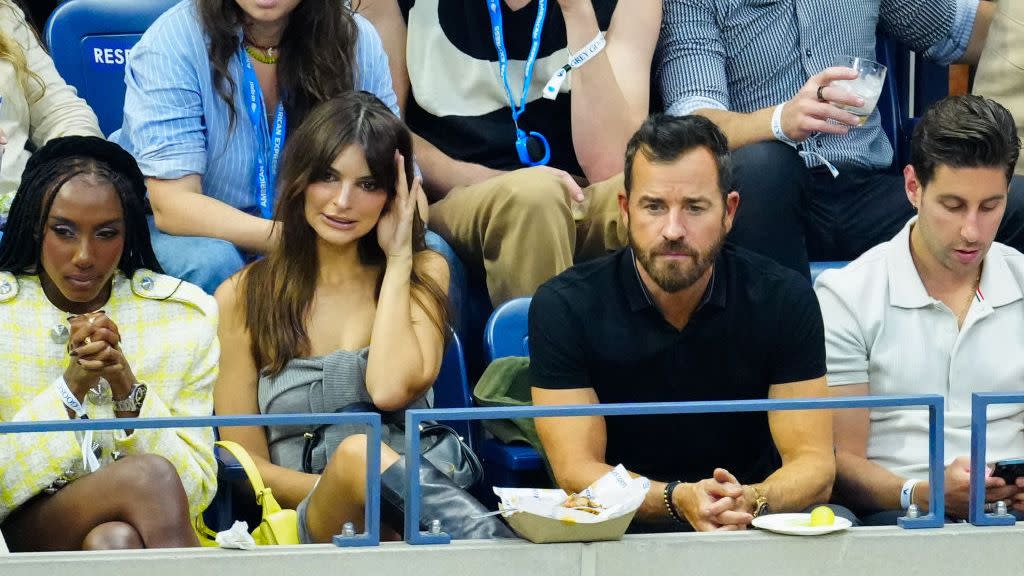 new york, new york september 10 ziwe, emily ratajkowski and justin theroux are seen at the mens final match between novak djokovic vs danill medvedev at the 2023 us open tennis championships on september 10, 2023 in new york city photo by gothamgc images