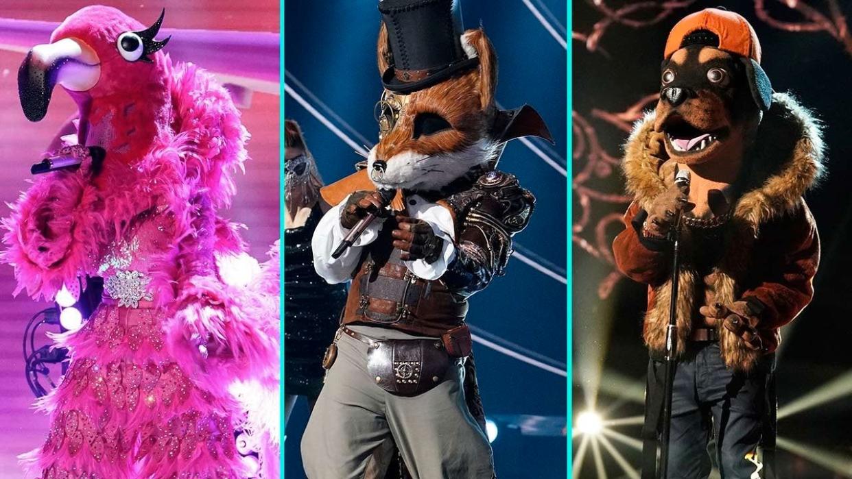 (From left to right) Flamingo, Fox, and Rottweiler from The Masked Singer sing on stage