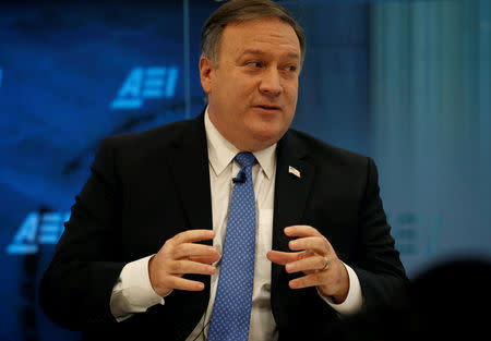 FILE PHOTO: CIA Director Mike Pompeo delivers remarks at "Intelligence Beyond 2018," a forum hosted by the American Enterprise Institute for Public Policy Research, in Washington, U.S., January 23, 2018. REUTERS/Leah Millis/File Photo