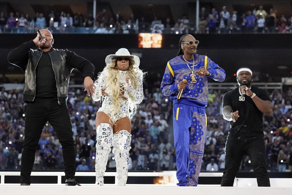 Dr. Dre, Mary J. Blige, Snoop Dogg and 50 Cent during the halftime show - Credit: AP
