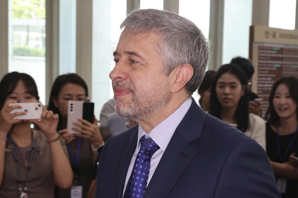 Russian Ambassador to South Korea Georgy Zinoviev arrives at the Foreign Ministry in Seoul, South Korea, Friday, June 21, 2024. South Korea summoned the Russian ambassador to protest a defense pact with North Korea on Friday, two days after Russian President Vladimir Putin signed an agreement vowing mutual defense with North Korean leader Kim Jong Un on a state visit to Pyongyang. (Choi Jae-koo/Yonhap via AP)