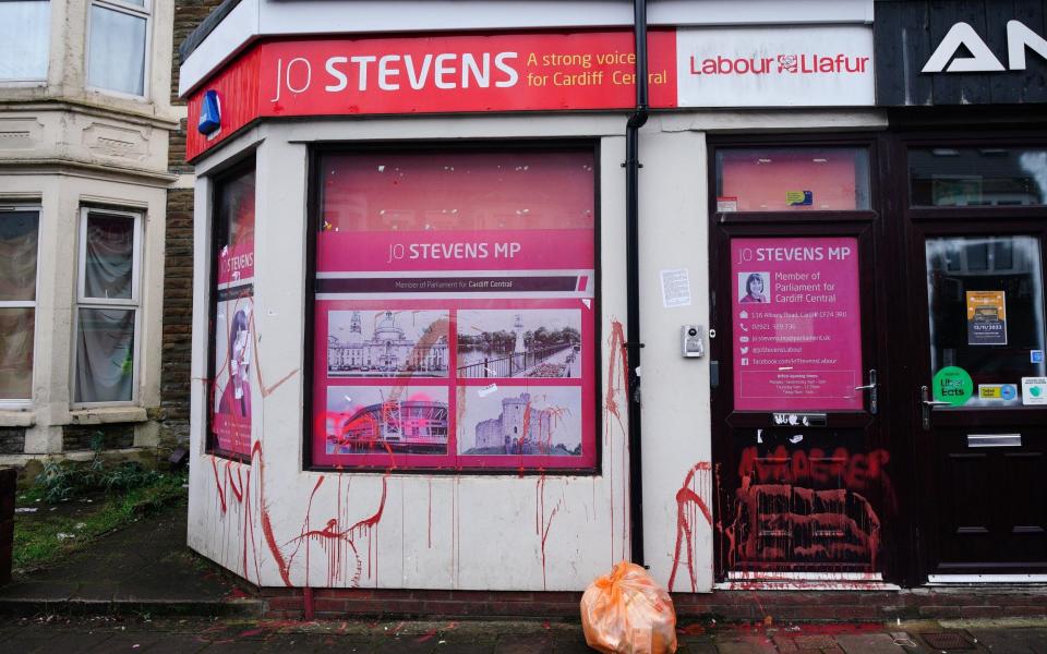 The constituency office of Labour MP Jo Stevens in Cardiff after it was attacked by pro-Palestine activists