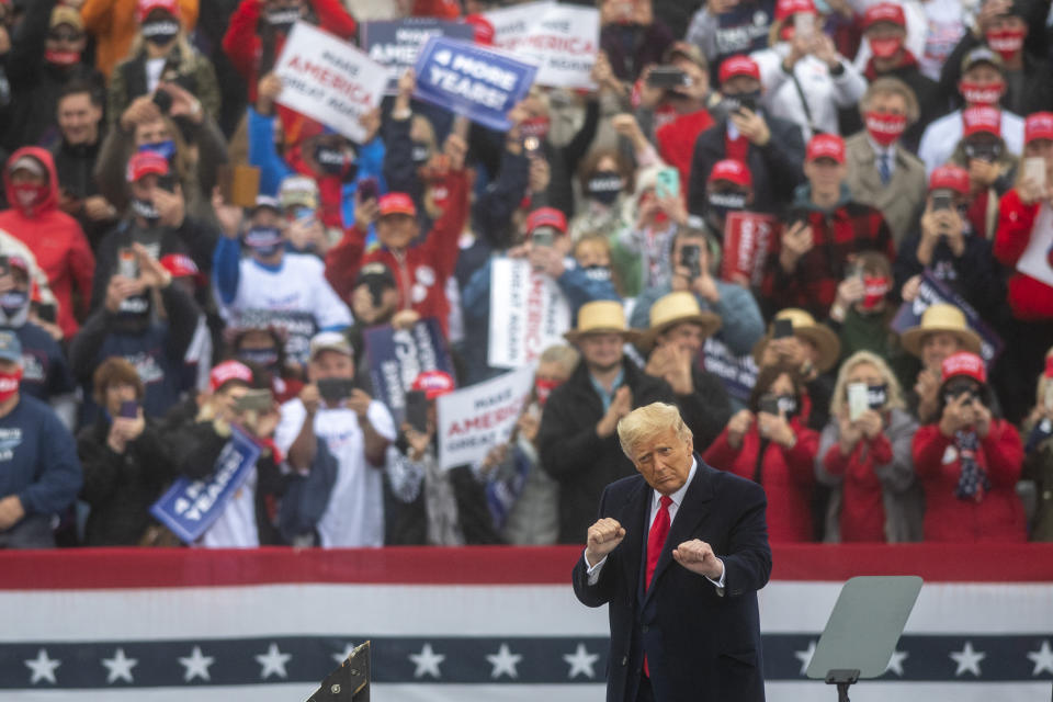 LITITZ, PA - OCTOBER 26: President Donald Trump dances to the song YMCA after speaking at a rally on October 26, 2020 in Lititz, Pennsylvania.  With 8 days to go before the election, Trump is today holding 3 rallies across Pennsylvania, a crucial battleground state.  In 2016, Trump won Pennsylvania by only 44,000 votes out of more than 6 million cast, the first Republican to carry the Keystone State since 1988. (Photo by Mark Makela/Getty Images)