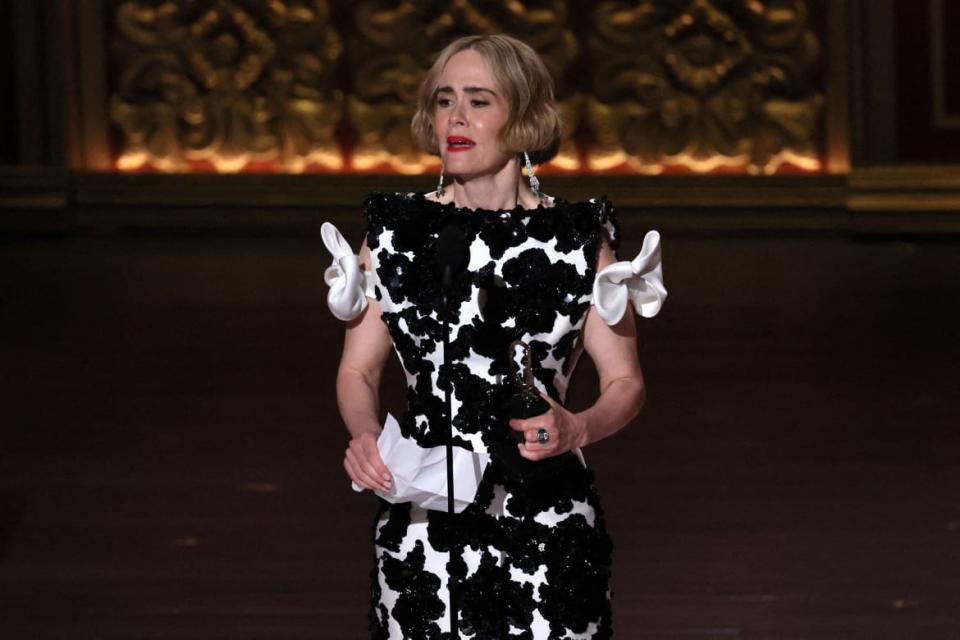 Sarah Paulson accepts the award for Best Performance by an Actress in a Leading Role in a Play for "Appropriate" at the 77th Annual Tony Awards in New York City, U.S., June 16, 2024.