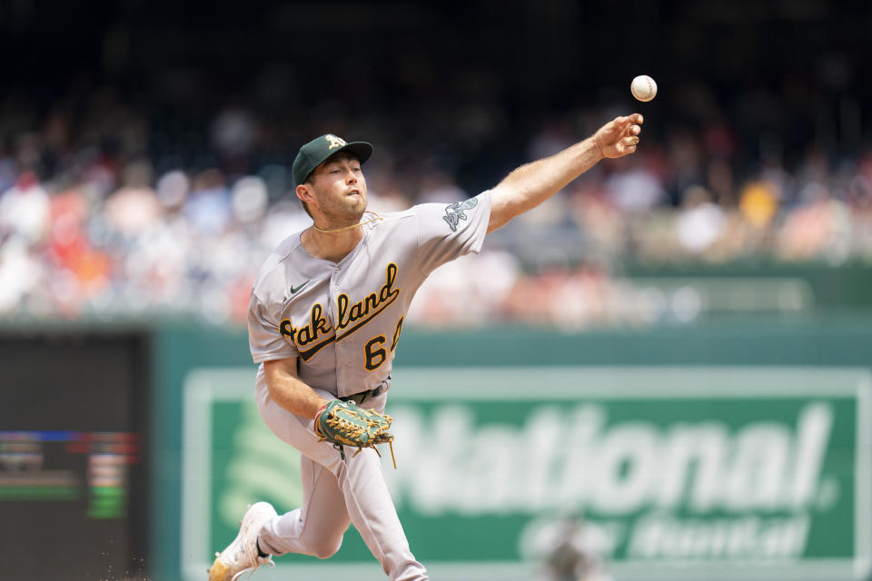 Oakland Athletics starting pitcher Ken Waldichuk delivers during the second inning of a baseball game against the Washington Nationals, Sunday, Aug. 13, 2023, in Washington. (AP Photo/Stephanie Scarbrough)
