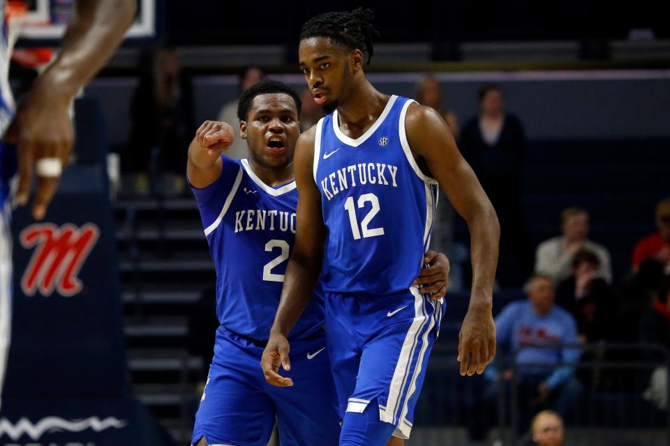 Jan 31, 2023; Oxford, Mississippi, USA; Kentucky Wildcats guard Sahvir Wheeler (2) talks with guard Antonio Reeves (12) during the second half against the Mississippi Rebels at The Sandy and John Black Pavilion at Ole Miss. Mandatory Credit: Petre Thomas-USA TODAY Sports