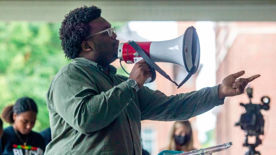 UNC-Chapel Hill Student Body President Lamar Richards speaks during a rally at the university Friday, June 25, 2021 demanding trustees approve tenure for Nikole Hannah-Jones, who created The New York Times’ ”1619 Project,” which explores the legacy and history of Black Americans and slavery.