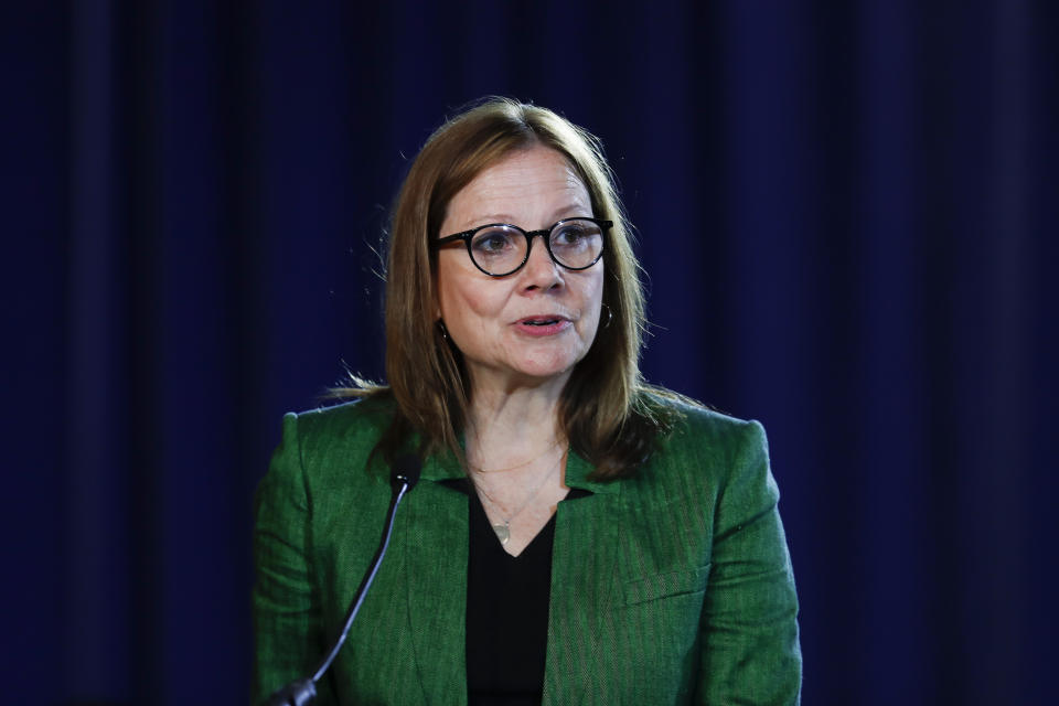 FILE - In this July 16, 2019, file photo General Motors Chairman and Chief Executive Officer Mary Barra speaks during the opening of their contract talks with the United Auto Workers in Detroit. The typical pay package for CEOs at the biggest U.S. companies topped $12.3 million in 2019, and the gap between the boss and their workforces widened further, according to AP’s annual survey of executive compensation. (AP Photo/Paul Sancya, File)