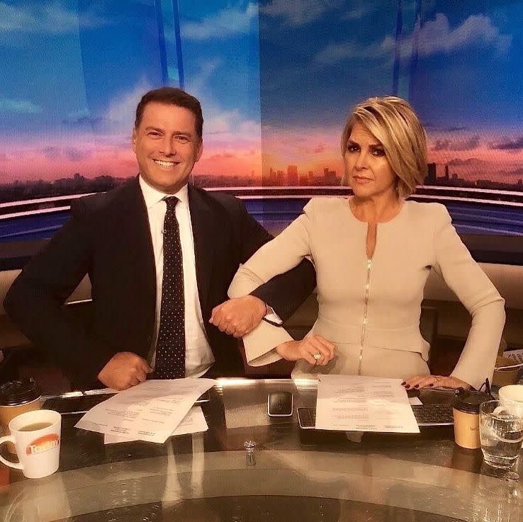 Today show co-hosts Karl Stefanovic and Georgie Gardner link arms awkwardly, in a bizarre instagram post, proving they are a 'united front'. Source: Instagram/thetodayshow