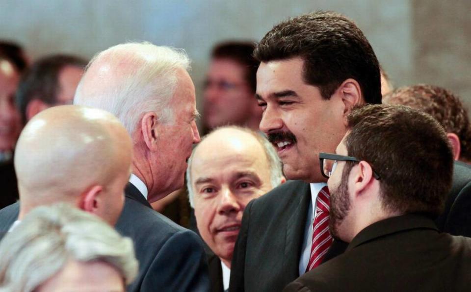 In this photo provided by Miraflores presidential press office, Venezuela’s President Nicolas Maduro, right, speaks with U.S. Vice President Joe Biden on the sidelines of the swearing-in ceremony of Brazil’s reelected President Dilma Rousseff in Brasilia, Brazil, Jan. 1, 2015. The meeting came two weeks after President Barack Obama signed legislation to impose sanctions on Venezuelan officials accused of violating human rights.