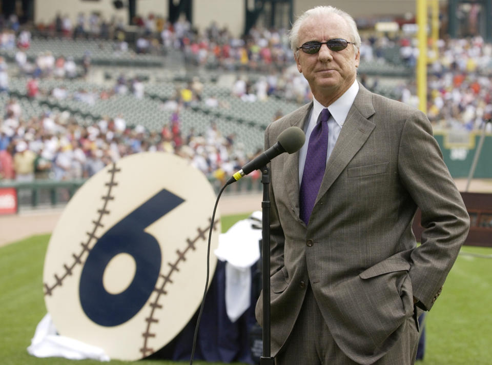 FILE - In this Aug. 25, 2002, file photo, Detroit Tigers Hall of Famer Al Kaline is honored for his 50 years with the Tigers organization at Comerica Park in Detroit. Al Kaline, who spent his entire 22-season Hall of Fame career with the Detroit Tigers and was known affectionately as “Mr. Tiger,” has died. He was 85. John Morad, a friend of Kaline's, confirmed to The Associated Press that he died Monday, April 6, 2020, at his home in Michigan. (AP Photo/John F. Martin)