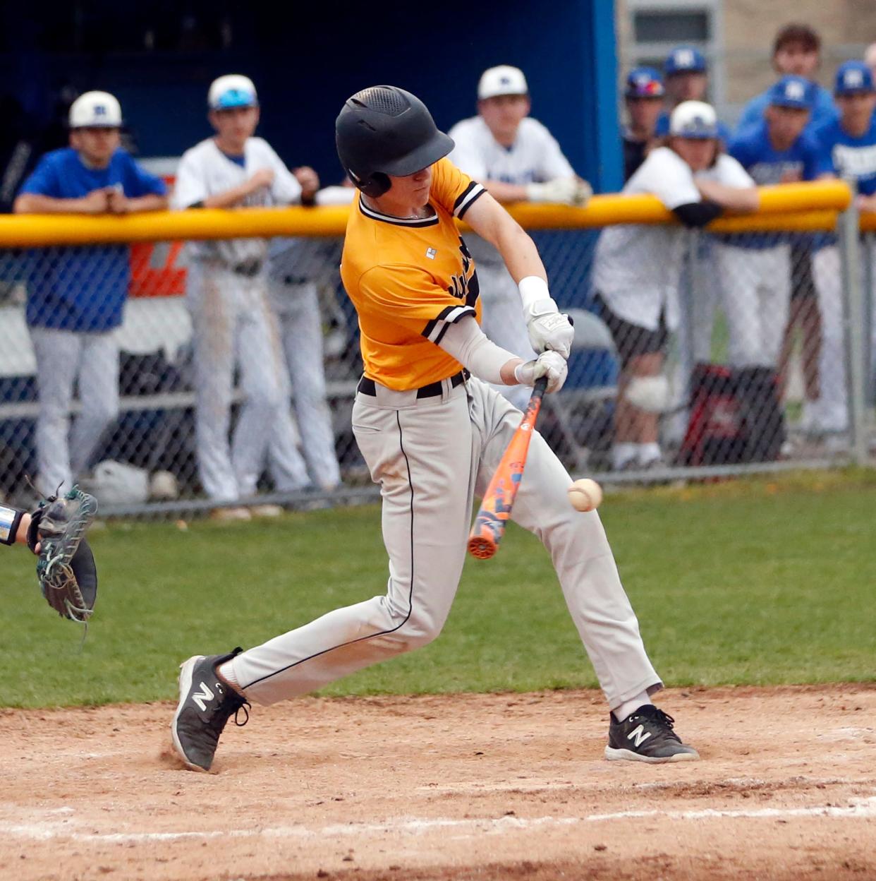 Penn senior Casey Finn hits a single in the eighth inning to put the Kingsmen ahead during a baseball game against Marian Monday, April 29, 2024, at Marian High School in Mishawaka.