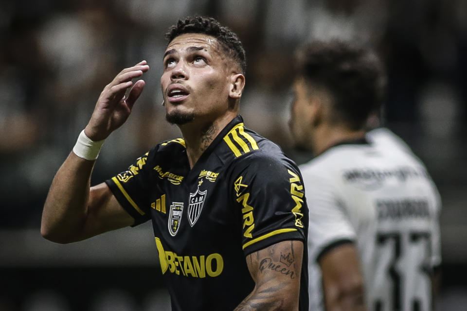 Paulinho of Brazil´s Atletico Mineiro gives thanks after scoring during the Brasileirao championship soccer match against Botafogo at Arena MRV in Belo Horizonte, Brazil, Saturday, Sept. 16, 2023. Paulinho has become a powerful voice for the often-marginalized practitioners of the Candomble religion. (AP Photos/Thomas Santos)