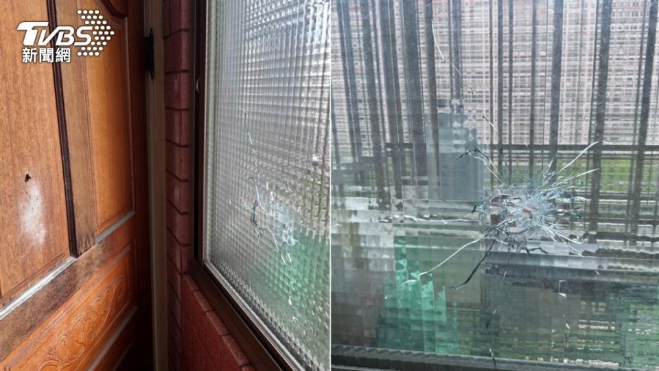 鍾男對空鳴槍，不慎打中大樓的木門玻璃。（圖／TVBS）