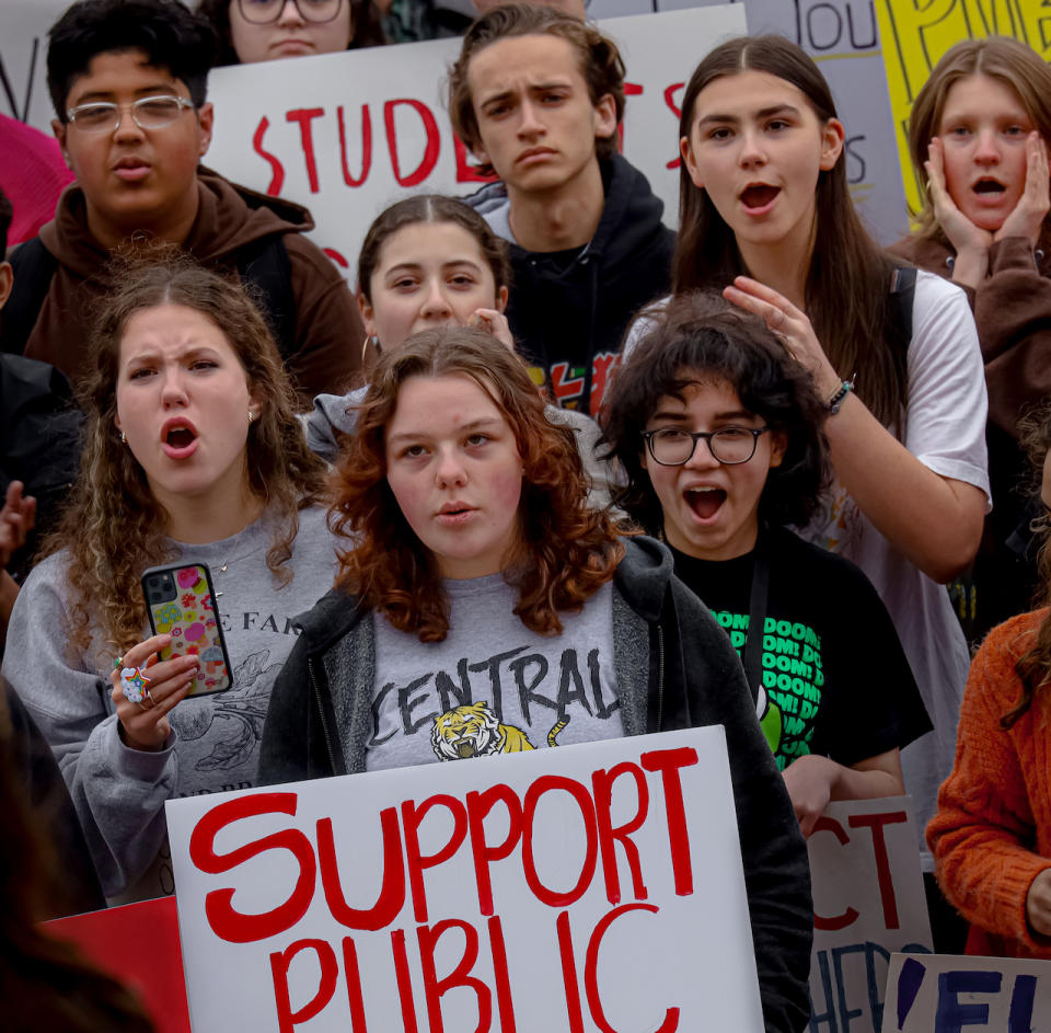 A group of Little Rock Central High School students and others met on the steps of the state capitol Wednesday afternoon to express their opposition to the Arkansas LEARNS bill, which was signed into law earlier that day by Governor Sarah Huckabee Sanders. (John Sykes/Arkansas Advocate)