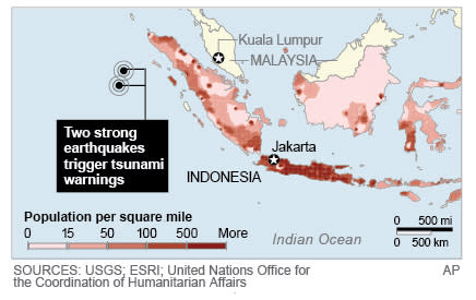 Map locates two strong earthquakes off the coast of Indonesia that triggered tsunami warnings for Indonesia;