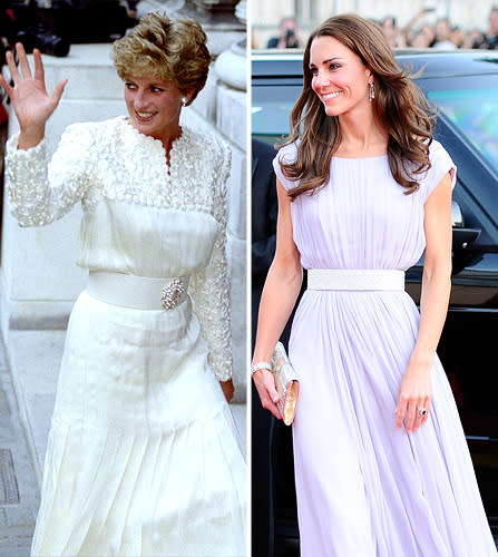 <div class="caption-credit"> Photo by: STR New/Reuters (Diana), Kevork Djansezian/Getty (</div><div class="caption-title">A formal occasion</div>Diana looks thin, drawn and swallowed by a stiff dress and huge belt at a Royal Gala performance of "The Magic Flute" in 1993. She is separated from Charles but not yet divorced. By contrast, her son's soon-to-be bride, pictured in July 2011 is radiant, and her slim, flowing gown and more-narrow belt would flatter most women. Trends in formalwear are kinder in the '10s than they were in the early 90s.