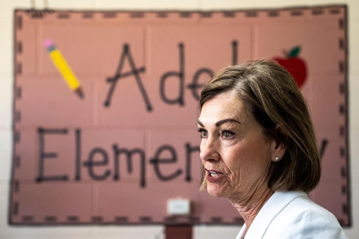 Gov. Kim Reynolds speaks with reporters at Adel Elementary School on Tuesday, May 7, 2024, in Adel.