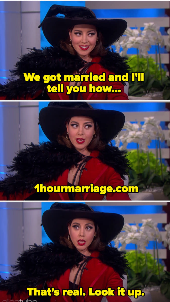 Aubrey wearing a large, flamboyant hat and saying they got married with 1hourmarriage dot com — "That's real; look it up"