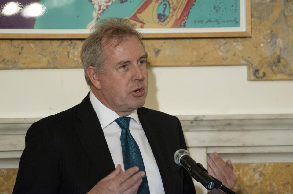 British Ambassador Kim Darroch speaks at the British Embassy in Washington, D.C., Oct. 20, 2017. (AP Photo/Sait Serkan Gurbuz)