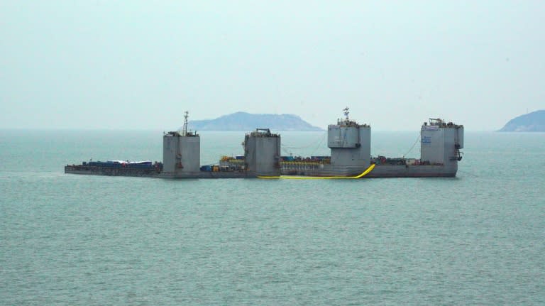 Barges during a salvage project to bring the sunken Sewol ferry back to surface in the sea off the southwestern island of Jindo