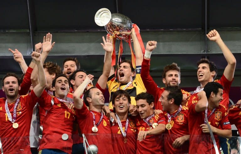 Spain celebrate winning Euro 2012 on July 1, 2012 at the Olympic Stadium in Kiev. With a performance of breath-taking technical mastery in their 4-0 humbling of Italy, Spain proved this year that they are one of the greatest national teams ever to have graced the game