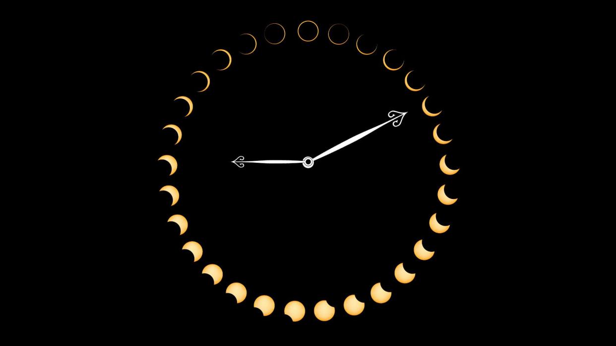  Stages of an annular solar eclipse arranged in a circle with two clock hands in the center pointing to 9:13, the time the annular face begins in Oregon. 