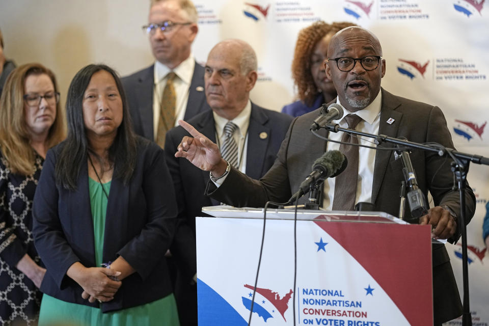 Denver Mayor Michael B. Hancock speaks during a news conference about voting rights Tuesday, Sept. 20, 2022, in Houston. The National Nonpartisan Conversation on Voting Rights is holding meetings and seminars in Houston Tuesday and Wednesday. (AP Photo/David J. Phillip)