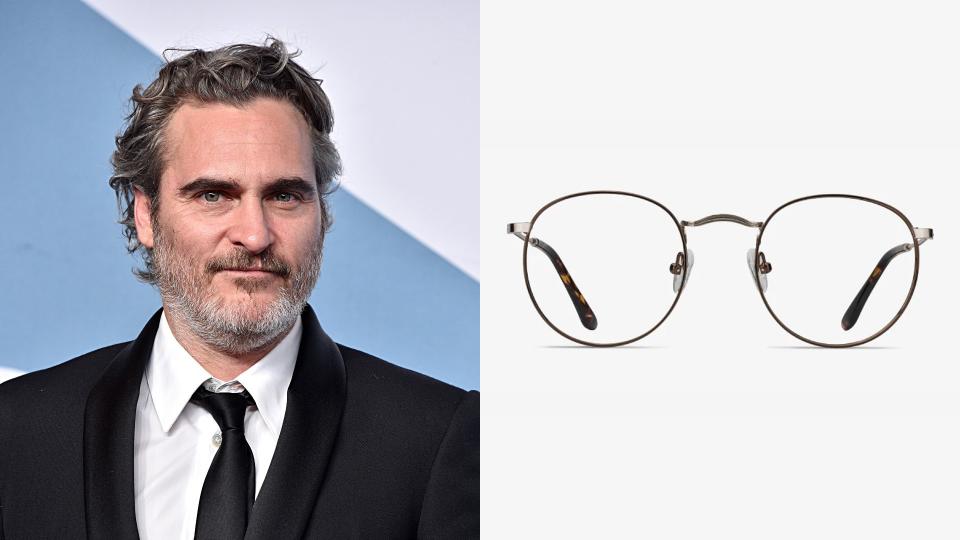 Joaquin Phoenix Daydream Round Brown Golden Eyeglasses. (Photo: Getty Images, EyeBuyDirect)