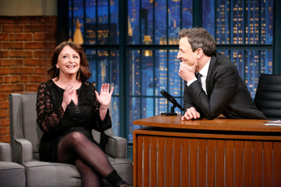 Rachel Dratch being interviewed by Jimmy Fallon