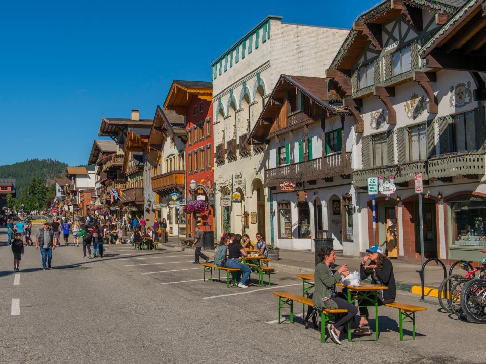 View of main street in Leavenworth, Eastern Washington State, with tables for social distancing during the pandemic.