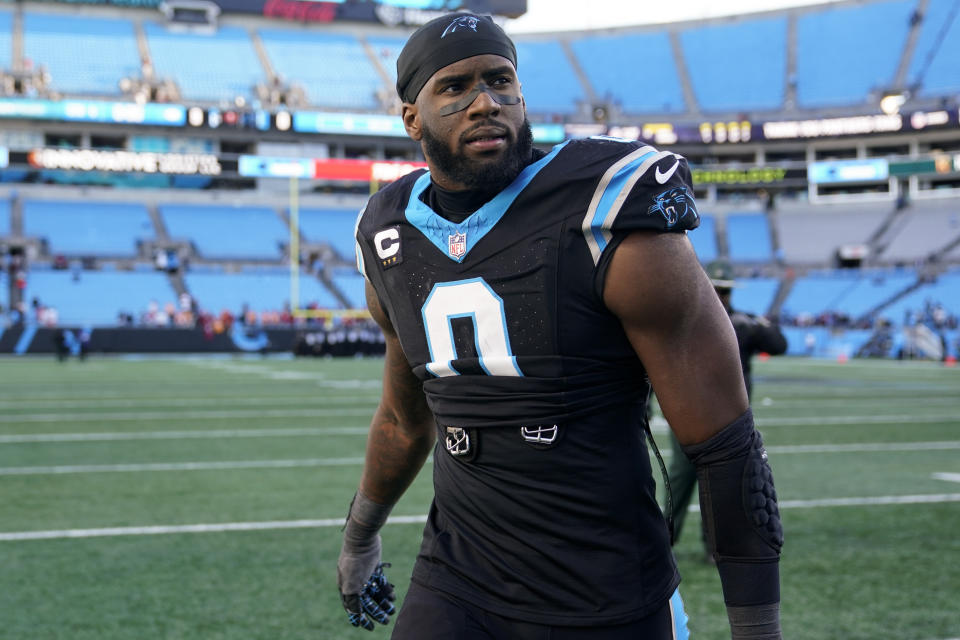 FILE - Carolina Panthers linebacker Brian Burns walks on the field following an NFL football game against the Tampa Bay Buccaneers, Sunday, Jan. 7, 2024, in Charlotte, N.C. Kirk Cousins, Chris Jones and Mike Evans are among the best players who will be available on the open market unless their teams use a franchise tag by March 5. They’ll be joined by running backs Derrick Henry, Saquon Barkley and Josh Jacobs, edge rushers Josh Allen, Brian Burns and Danielle Hunter and several other talented players. (AP Photo/Erik Verduzco, File)