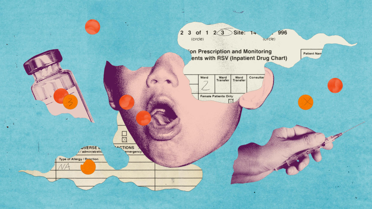 A photo illustration shows pills floating around a young child’s face; a bottle of medicine; a hand holding a syringe; and a patient’s vaccination chart.