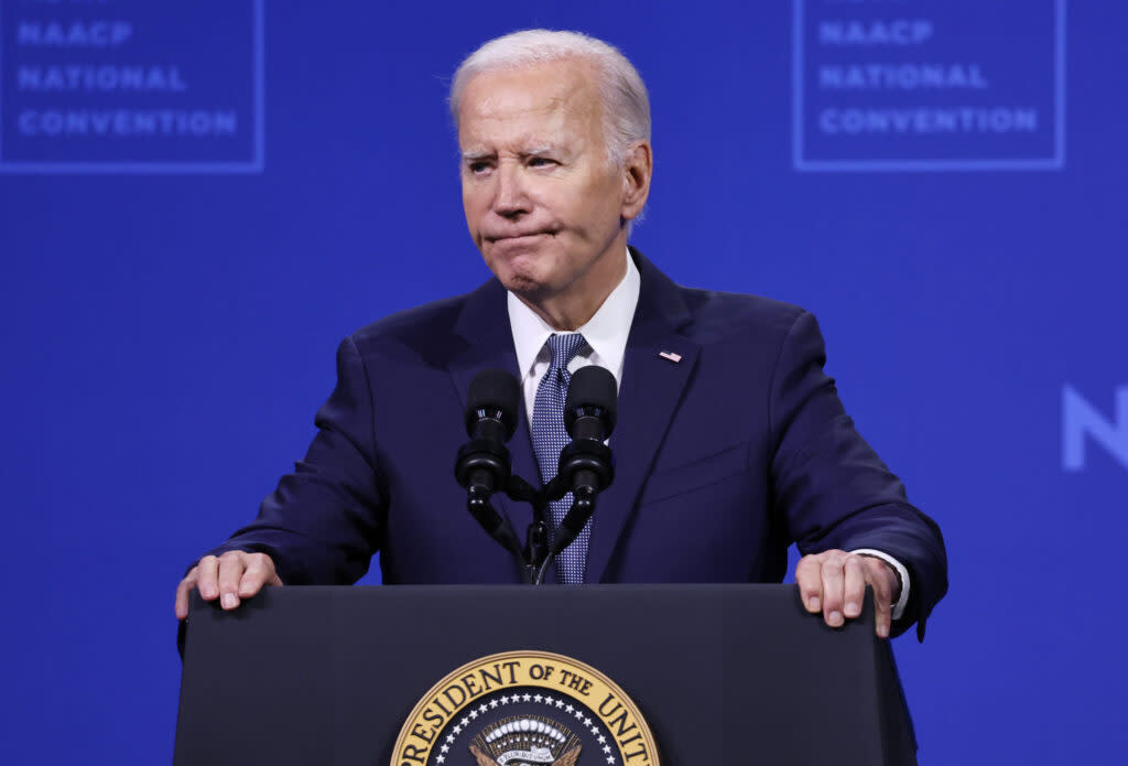 President Joe Biden speaks at the 115th NAACP National Convention at the Mandalay Bay Convention Center on July 16, 2024, in Las Vegas
