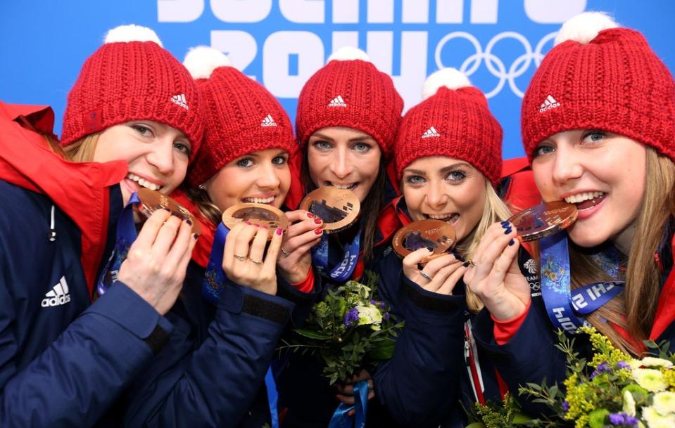 Great Britain’s women curlers celebrate winning Bronze at Sochi in 2014 (PA)