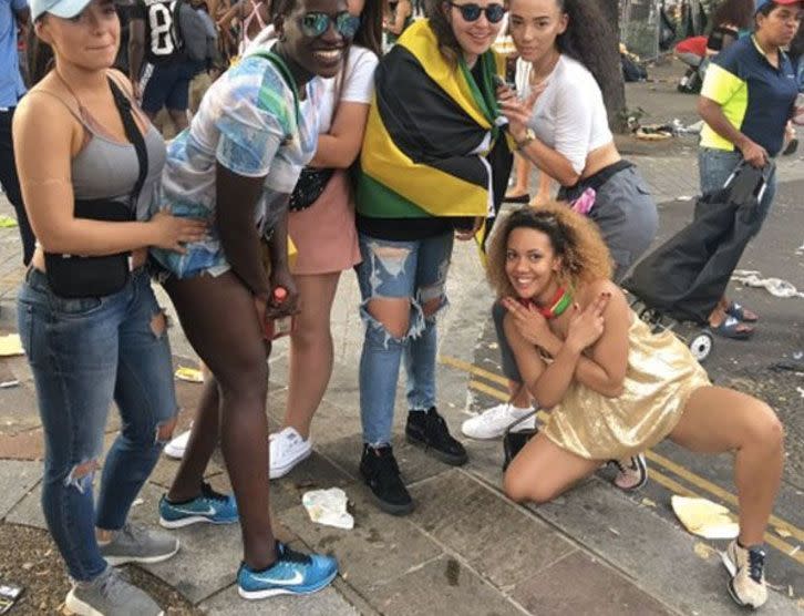 Jessica Noah Morgan, far right, was enjoying the Notting Hill Carnival before the fake acid attack.