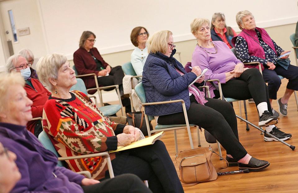 Seniors listen as Henry Quinlan talks about using creativity to keep the brain and body healthy at the Duxbury Senior Center on Monday, May 2, 2022.