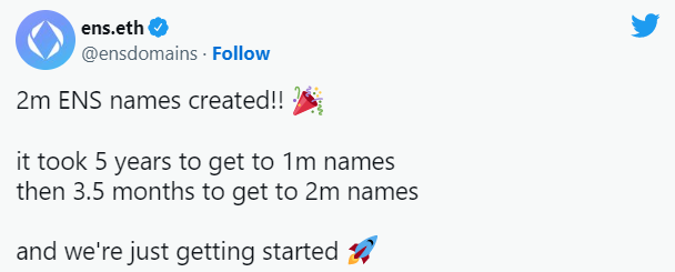 The tweet from ENS Domains celebrating 2 million ENS names created